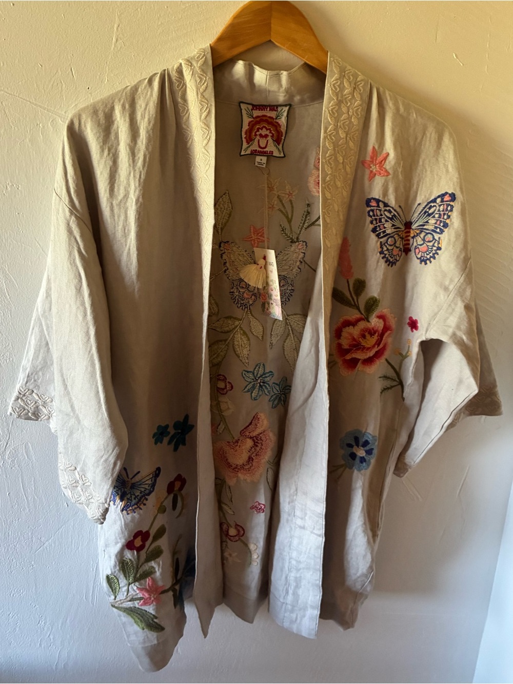 NWT JOHNNY WAS Linen Embroidered Floral & Butterfly Kimono Small Boho Beachy
